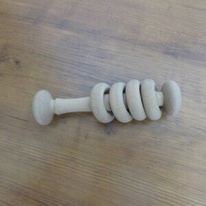 NEW Natural Untreated 6" Hand Carved Wood 4 Ring Baby Rattle Toy Teether Sensory
